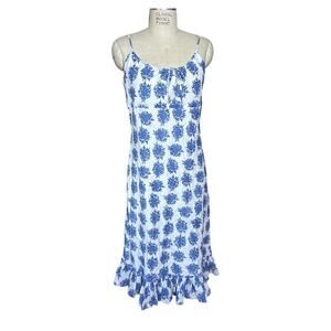 Anokhi Rosana Blue Print Cotton Poplin Midi Sun Dress Size Medium